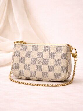 Authentic Louis Vuitton Mini Pochette Damier Azur Chain Wristlet Pouch Bag